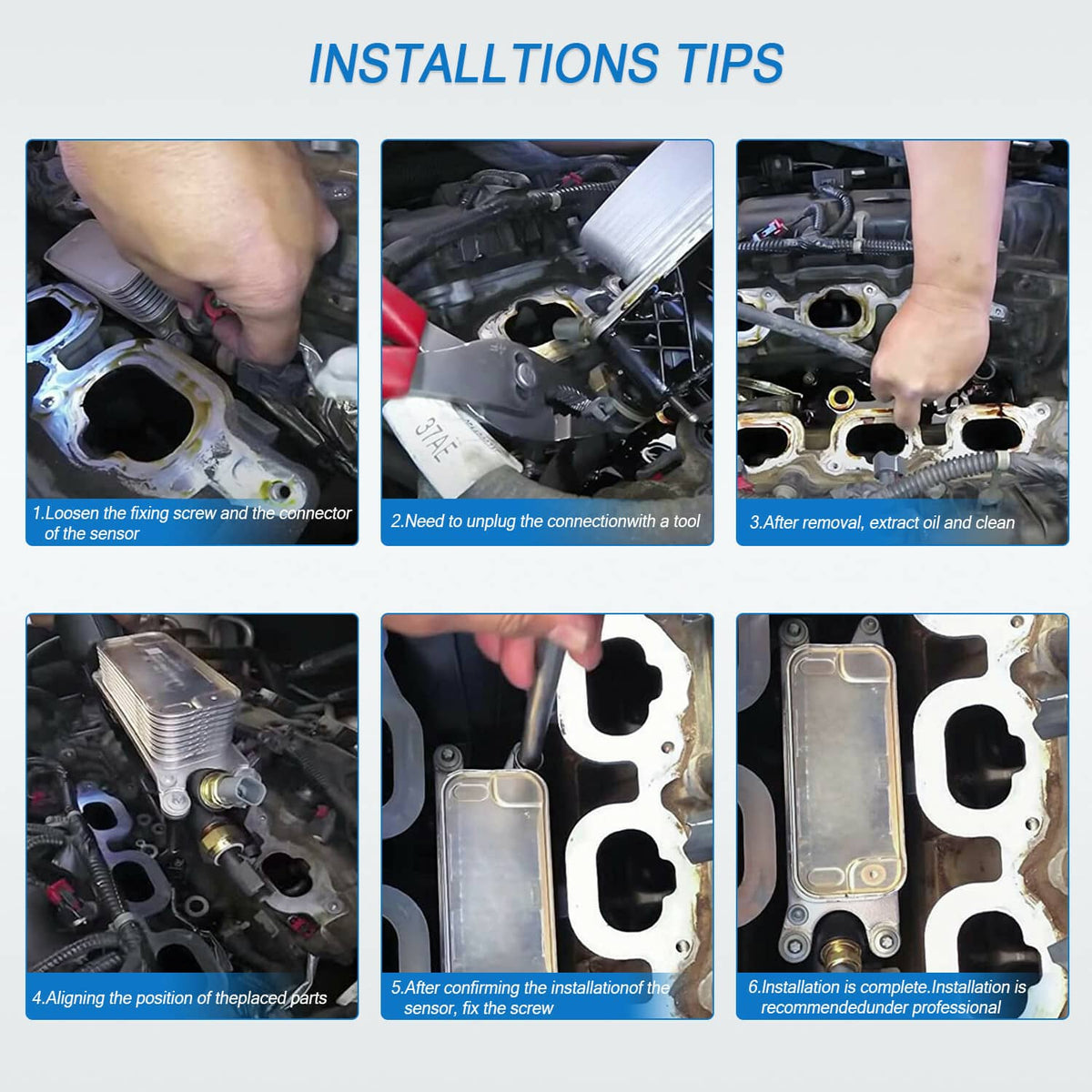Oil filter adapter housing installation steps shown with engine bay photos