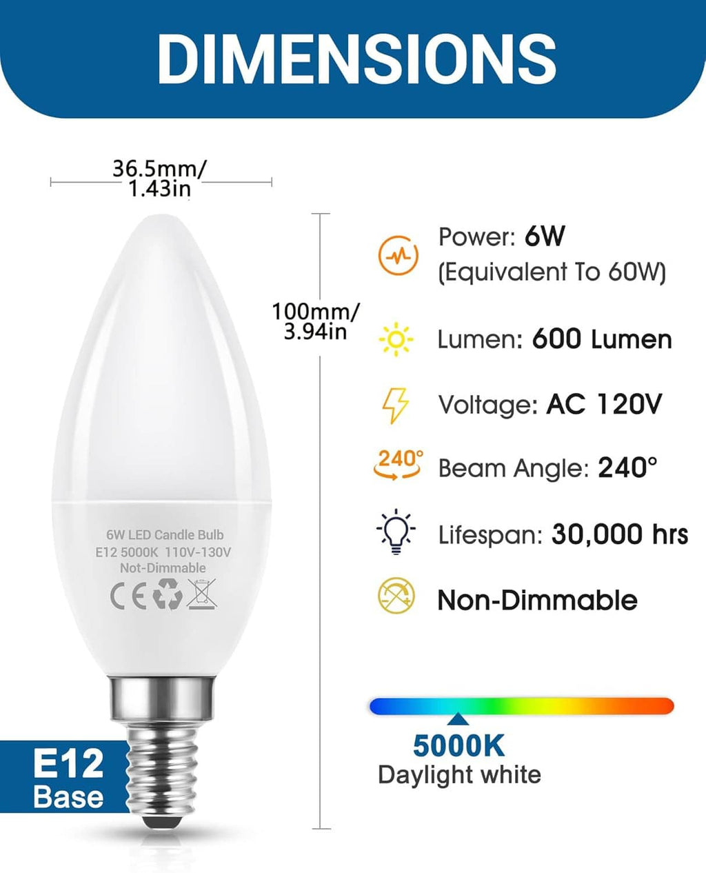 E12 base LED candle bulb with dimensions diagram and brightness specs.