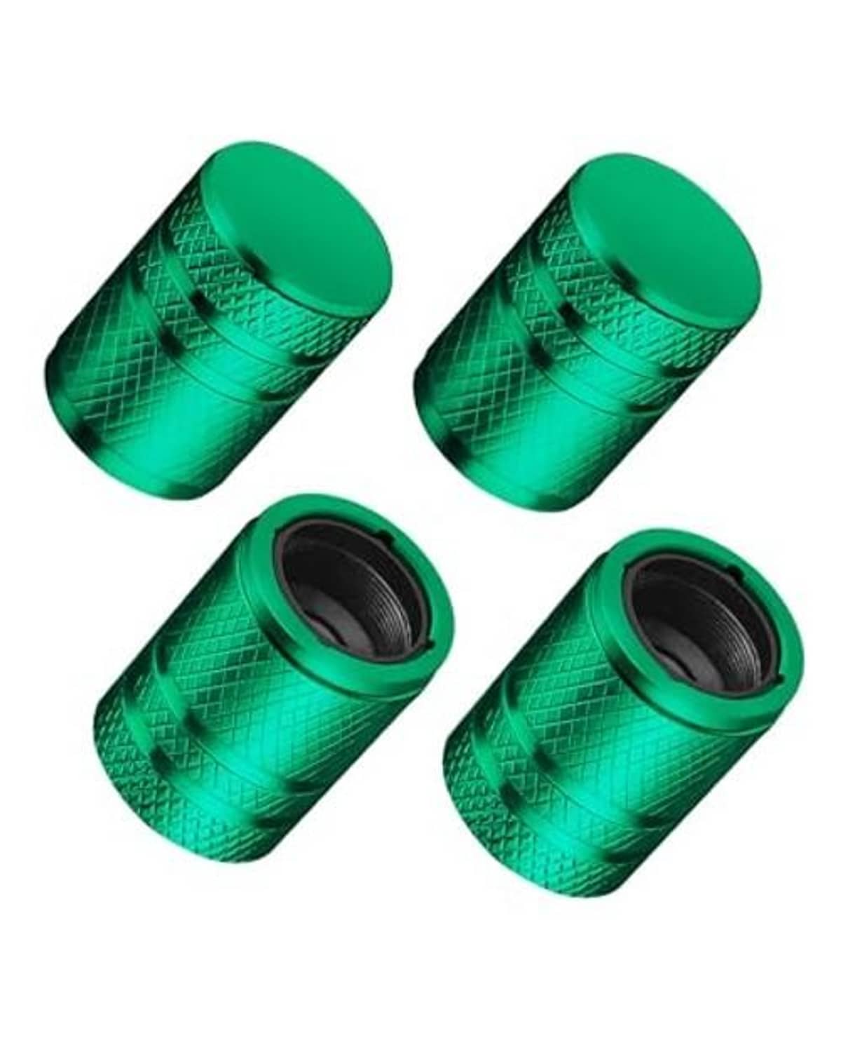 Four green metal tire valve stem caps with black plastic liner and threaded opening