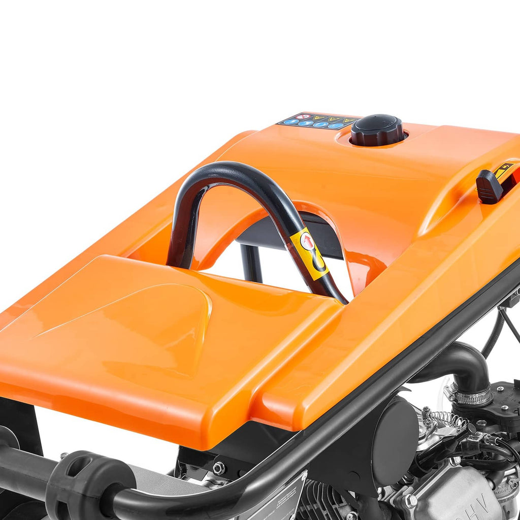 Orange top housing vibratory rammer with black handle and throttle knob