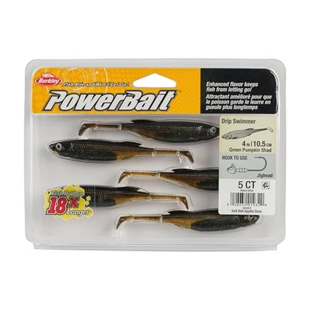 Blister pack with multiple dark shad green-brown soft plastic drip swimmer lures