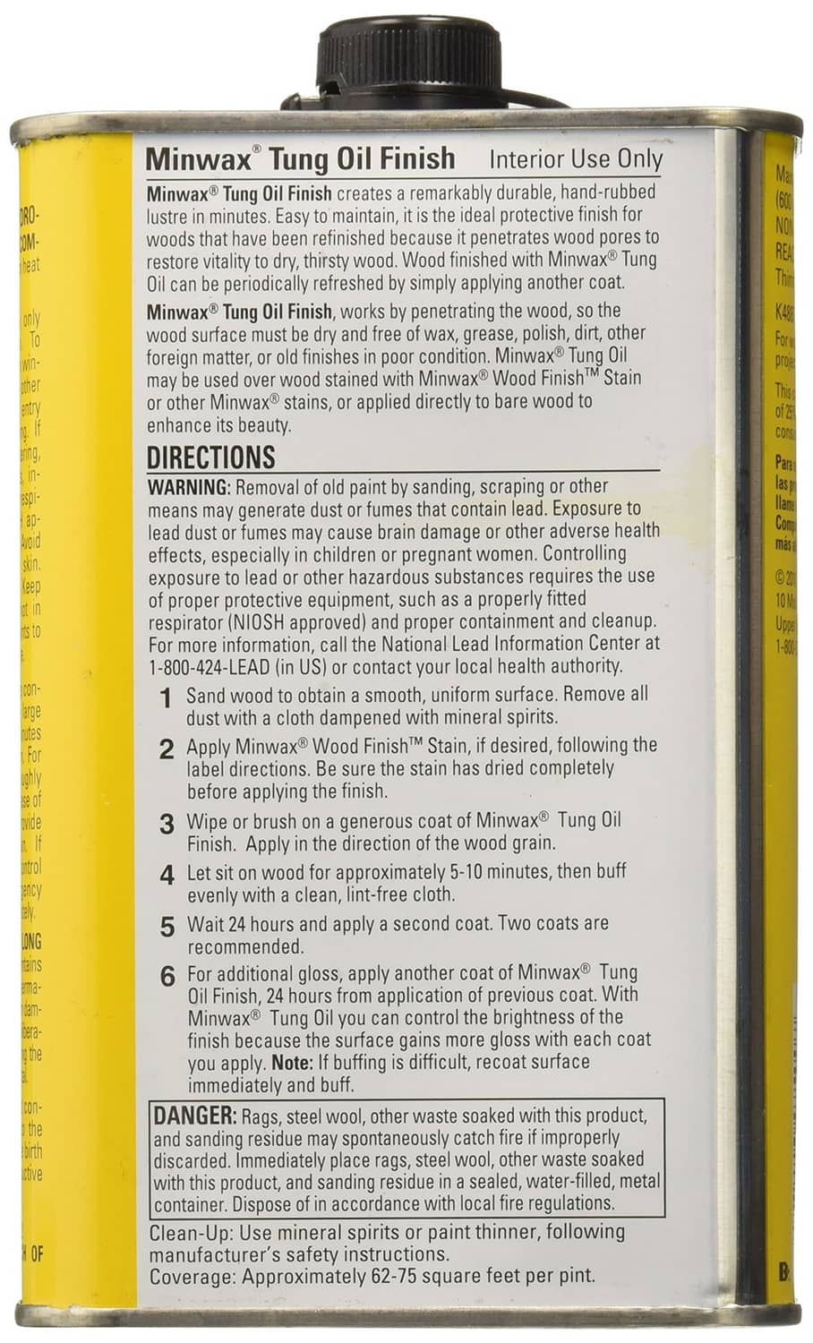 Minwax tung oil finish can back label, yellow metal container with black cap