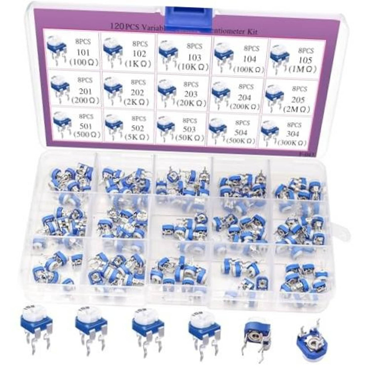 Blue 6mm trimmer potentiometers kit in clear plastic organizer, assorted parts with leads