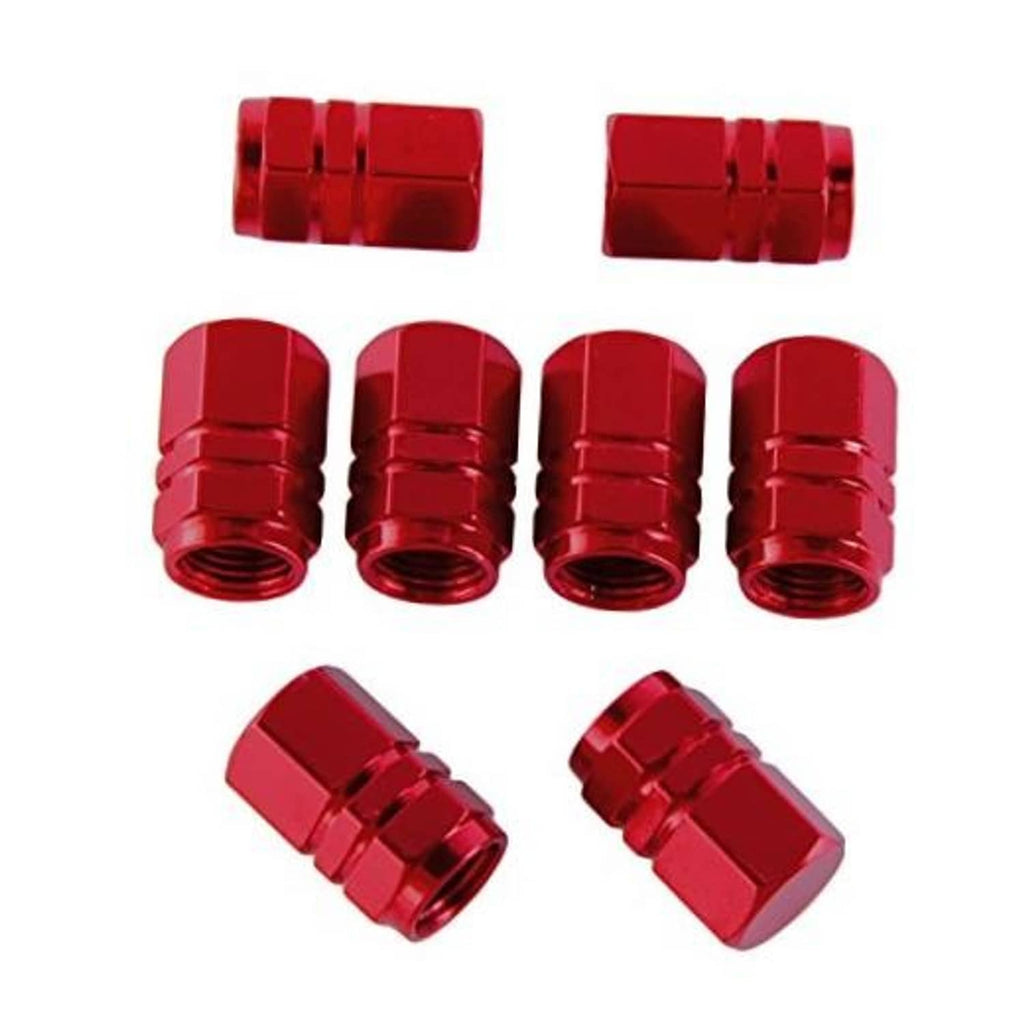 Set of 8 red metal tire valve stem caps with ridged sides and threaded openings