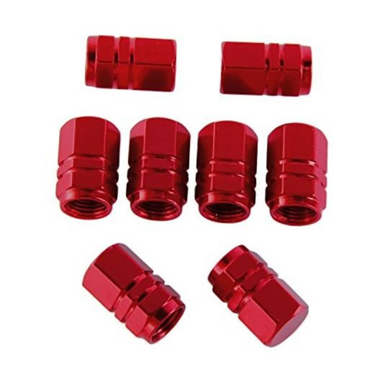 Set of 8 red metal tire valve stem caps with ridged sides and threaded openings