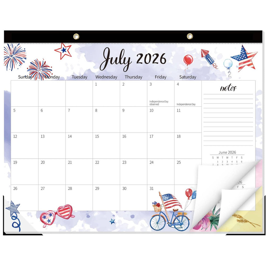 Large desk calendar page showing July 2026 with patriotic border and writing grid