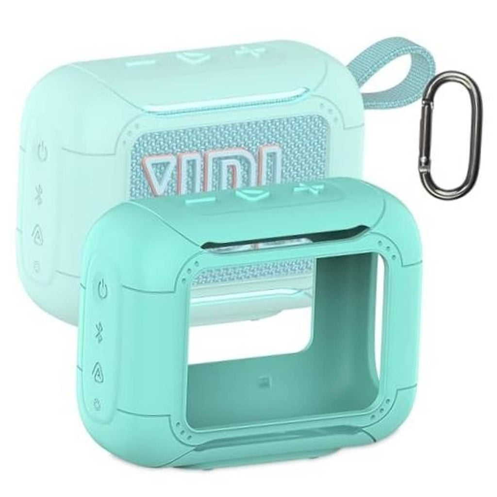 Teal silicone speaker cover case with front opening and side controls, with wrist strap