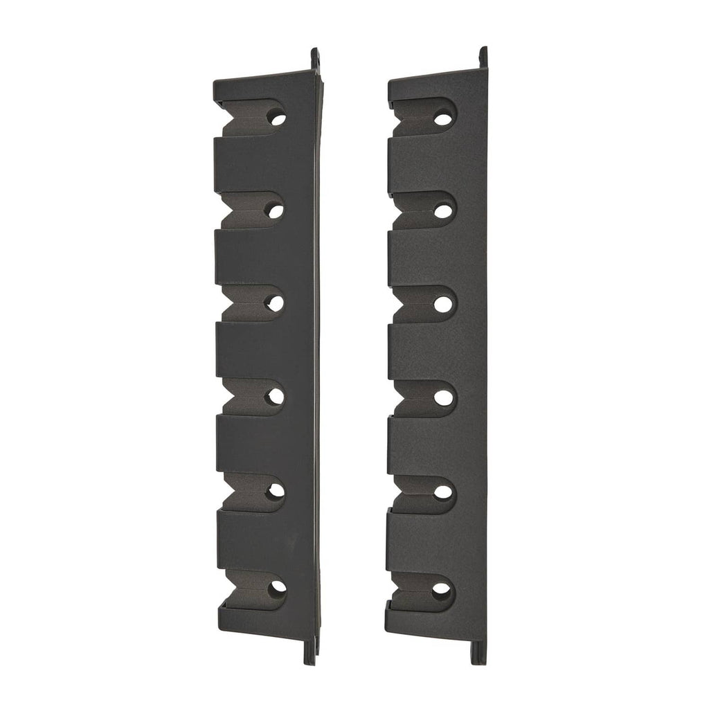 Black wall-mount rod rack brackets with multiple mounting holes, pair view