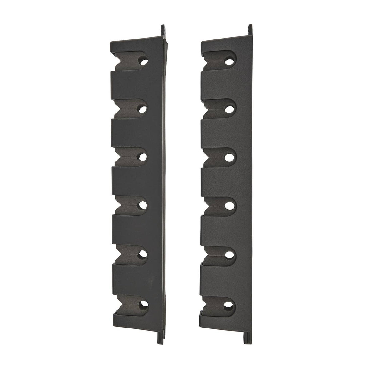 Black wall-mount rod rack brackets with multiple mounting holes, pair view
