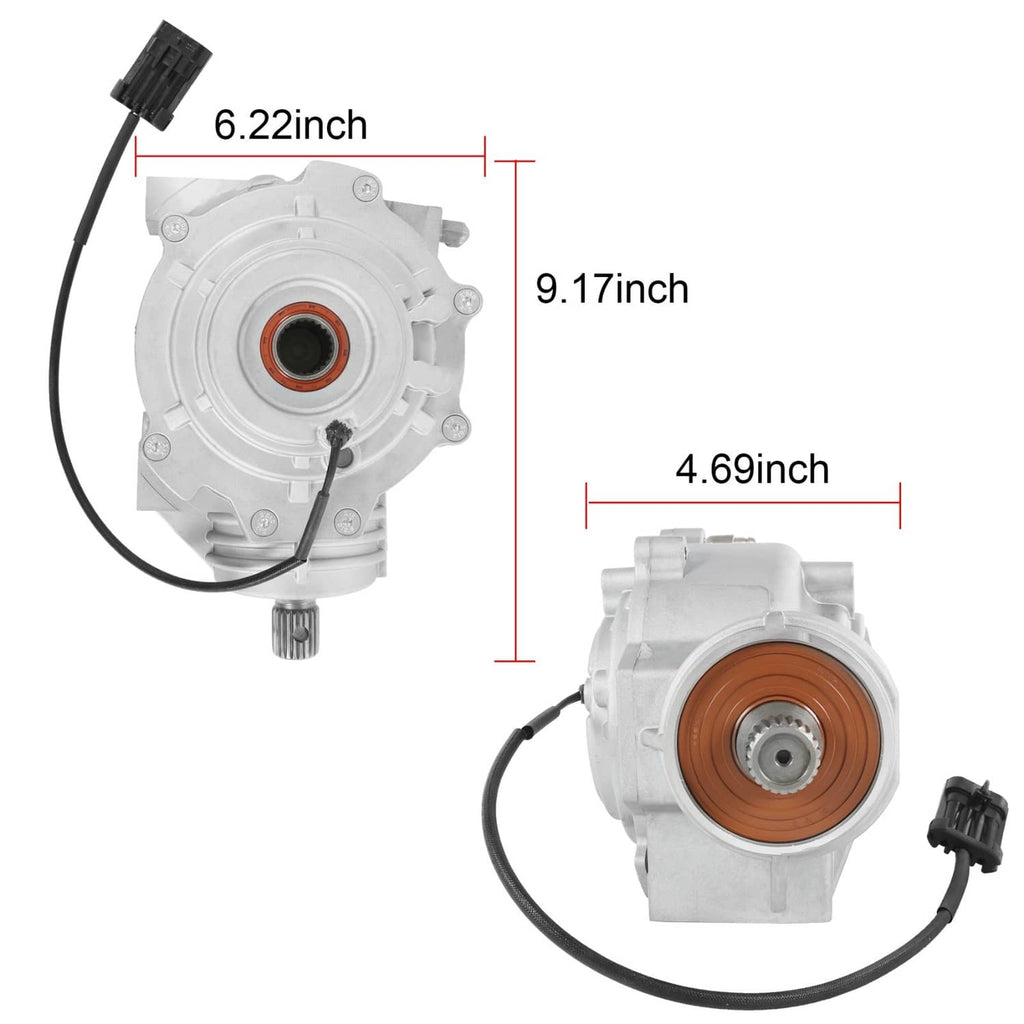 Front differential with orange bearing seal and black electrical harness, side view