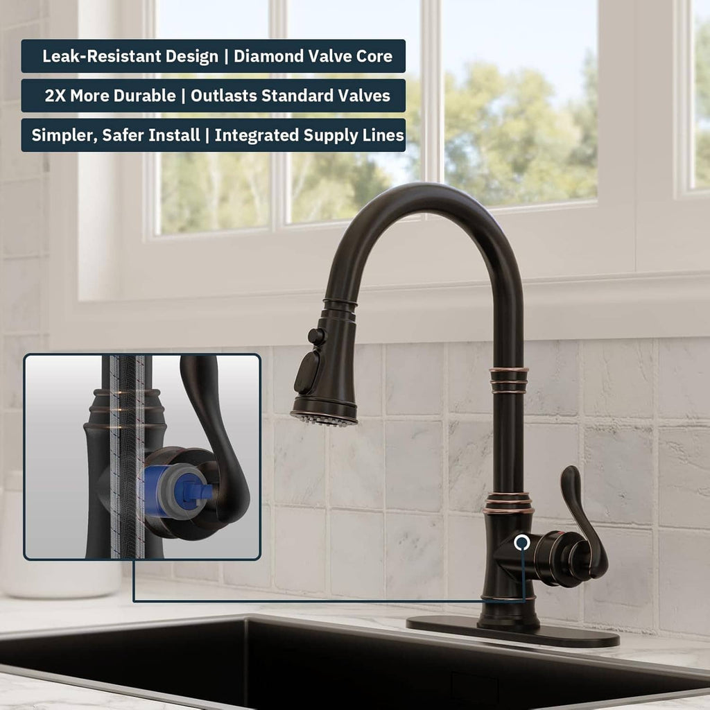 Matte black pull-down kitchen faucet with bronze trim and side control handle