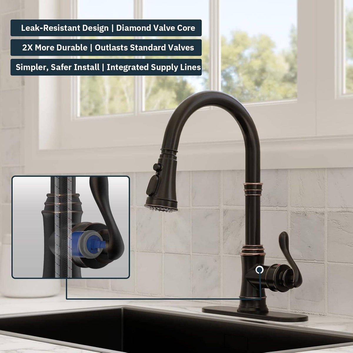 Matte black pull-down kitchen faucet with bronze trim and side control handle