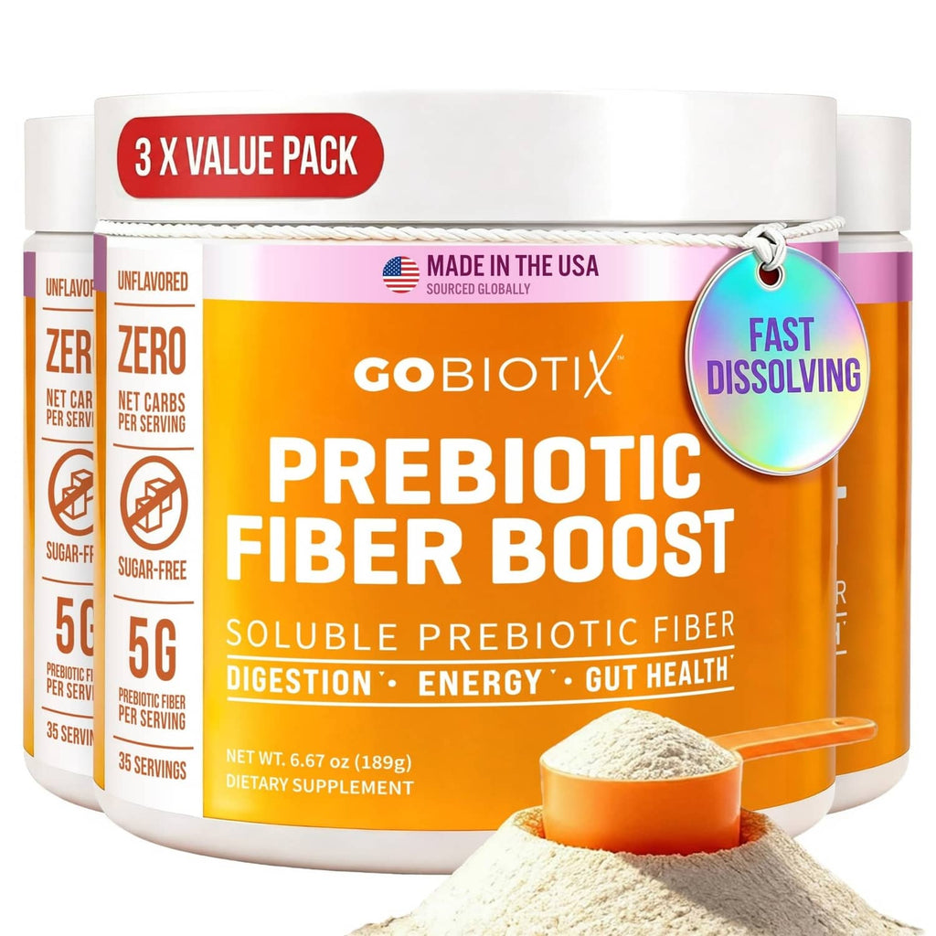 Prebiotic fiber boost supplement powder tub pack with scoop of white powder in view
