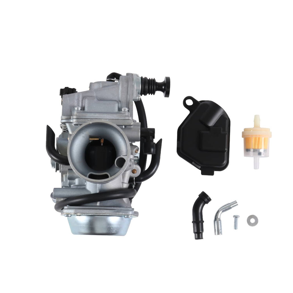 ATV carburetor assembly with black intake, choke cover, and fuel filter parts