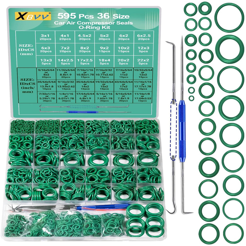 Green O-ring assortment in clear case with metric/SAE tools for car AC repair