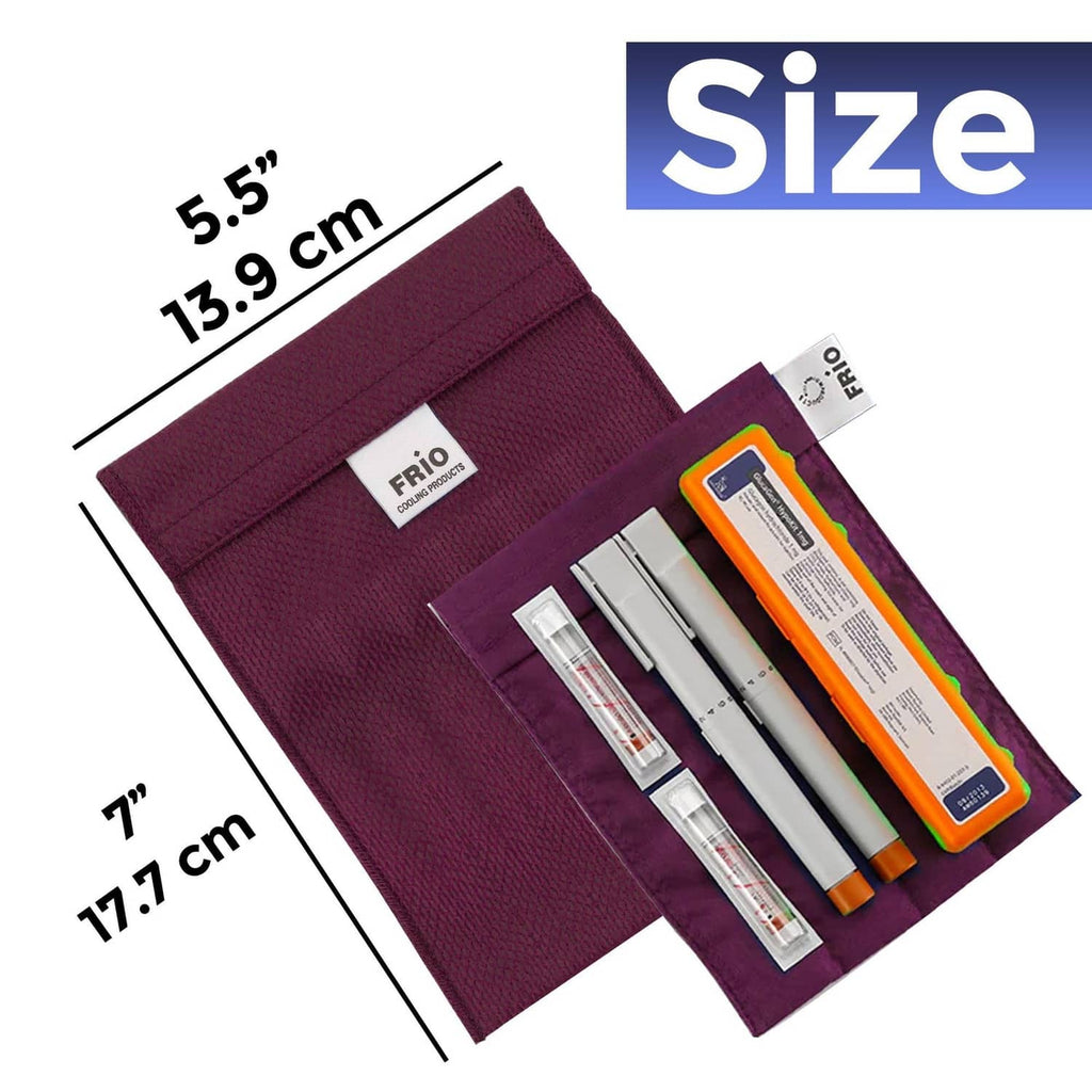 Large FRIO cooling wallet size diagram, burgundy pouch with compartments