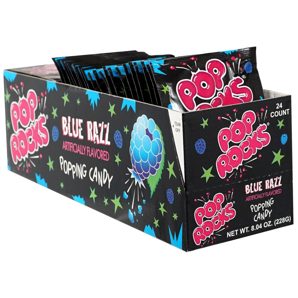 Pop Rocks Blue Razz popping candy box with multiple count foil packets