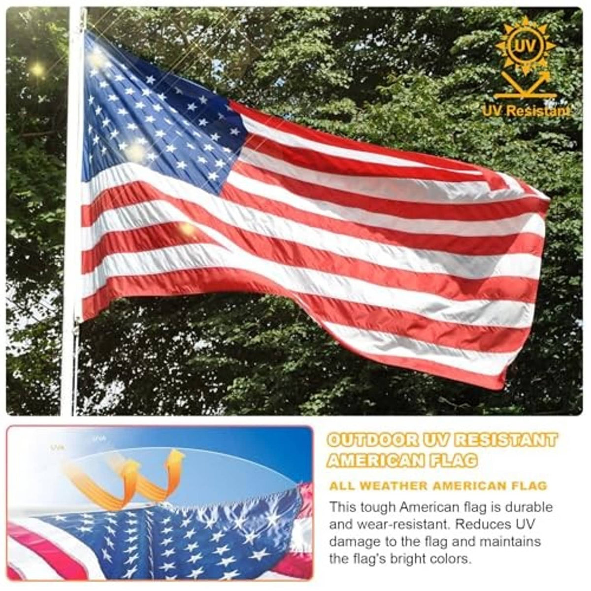 Outdoor American flag with red-and-white stripes and blue star field, waving