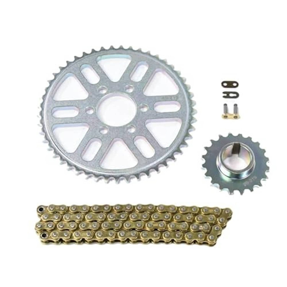 Steel sprocket wheels with gold roller drive chain and small mounting hardware