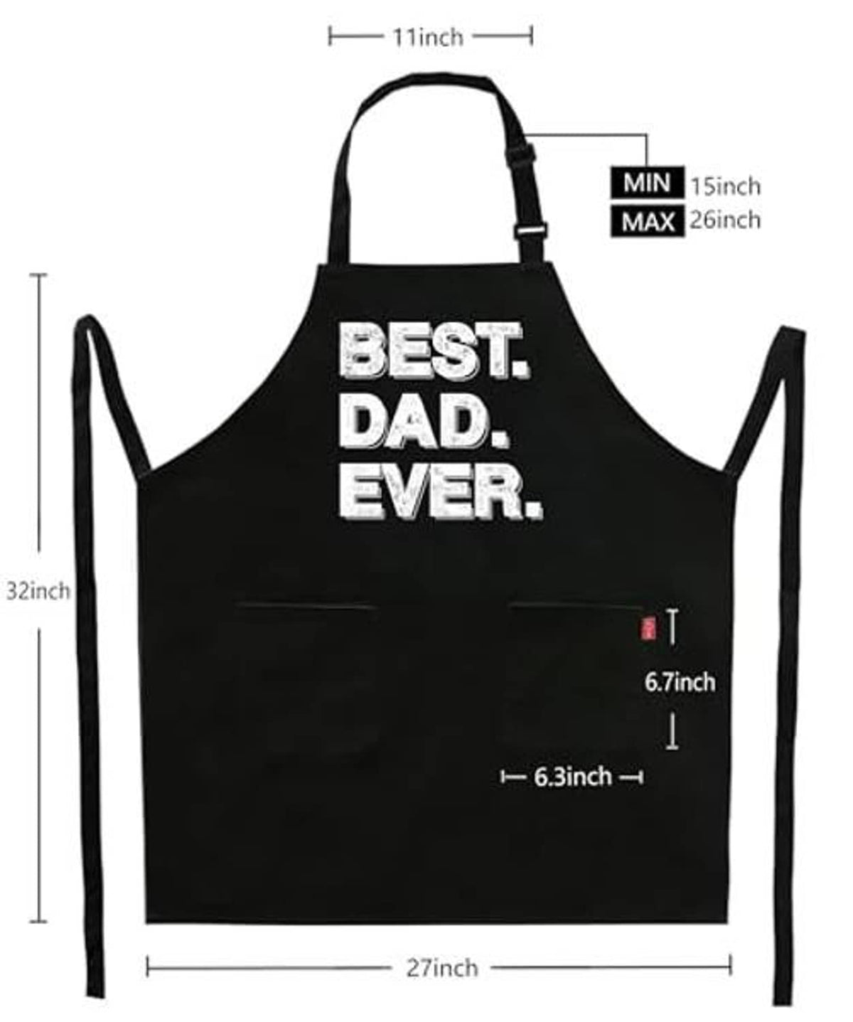 Black “Best Dad Ever” apron with adjustable neck strap and printed size dimensions