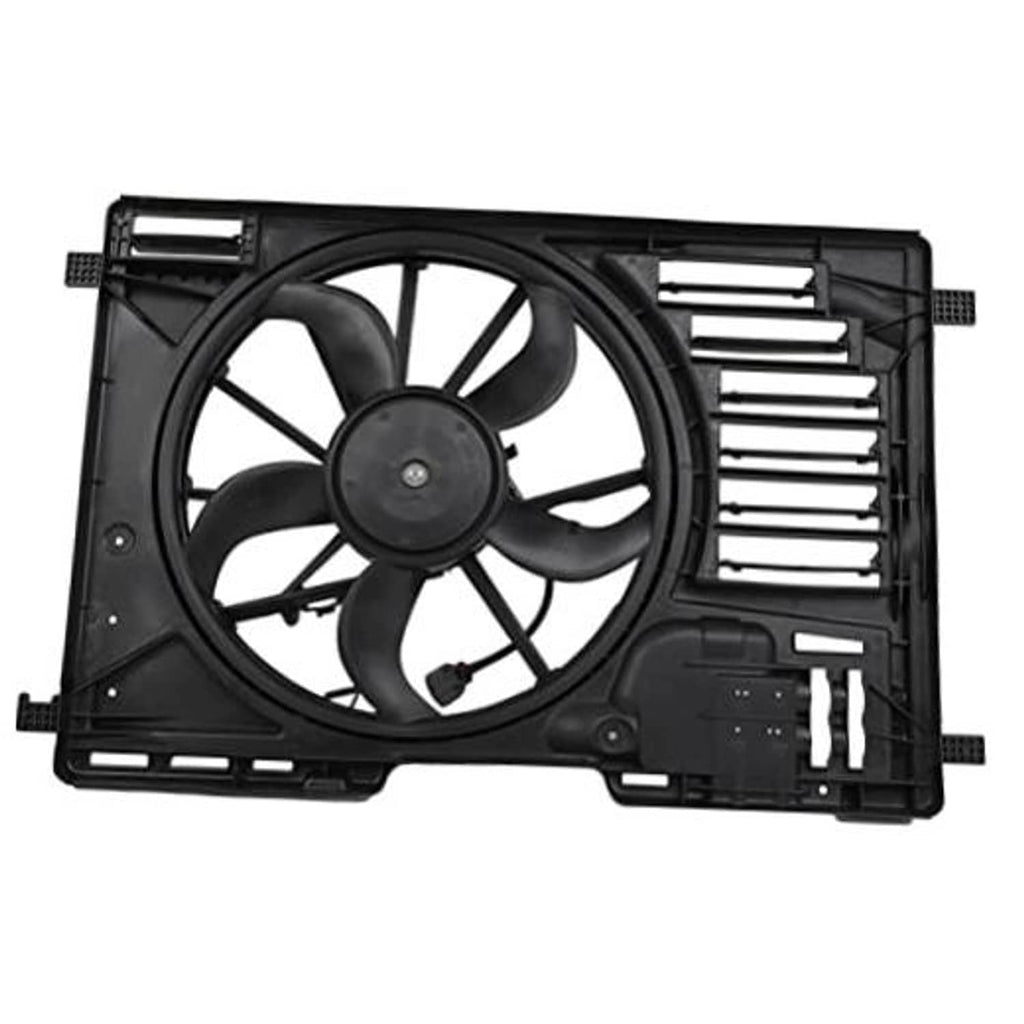 Black radiator fan assembly with cooling fan, vent grille fins, and mounting tabs