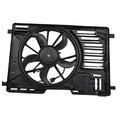 Black radiator fan assembly with cooling fan, vent grille fins, and mounting tabs