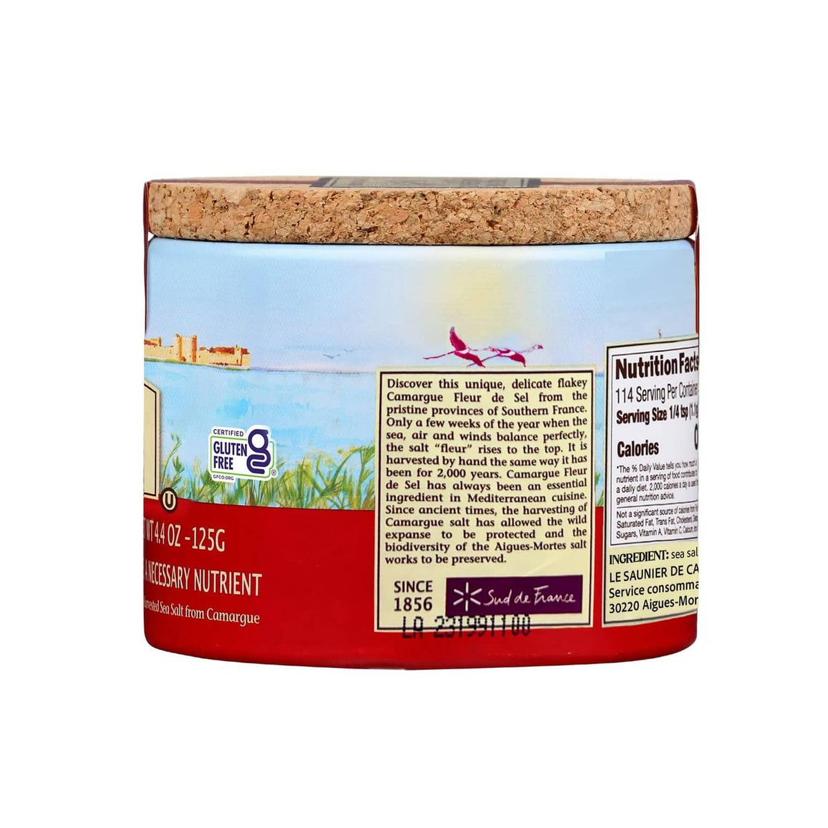 Fleur de sel sea salt jar side with ingredients and nutrition facts panels