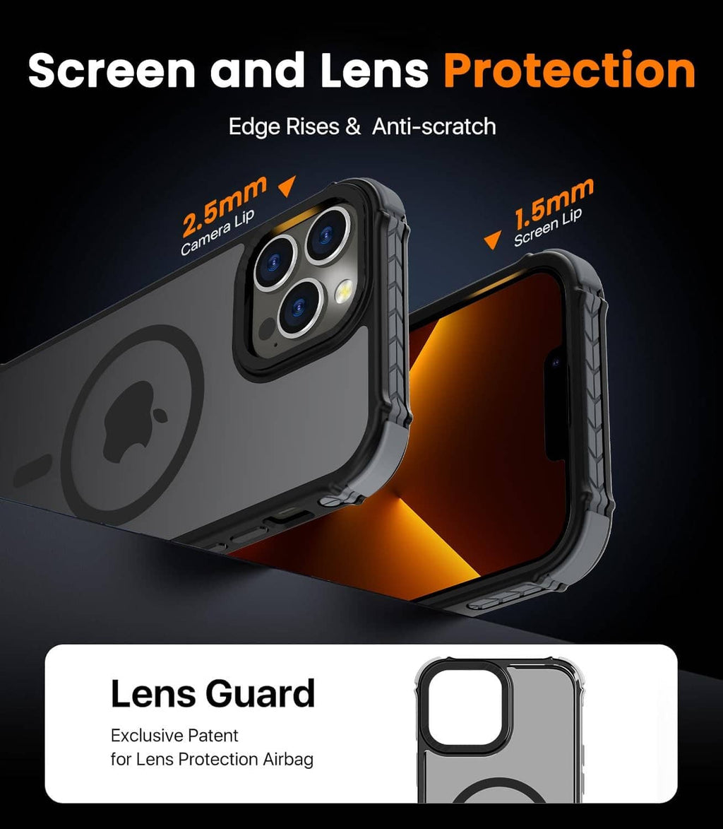 Black rugged iPhone case with raised screen and lens guard for anti-scratch protection