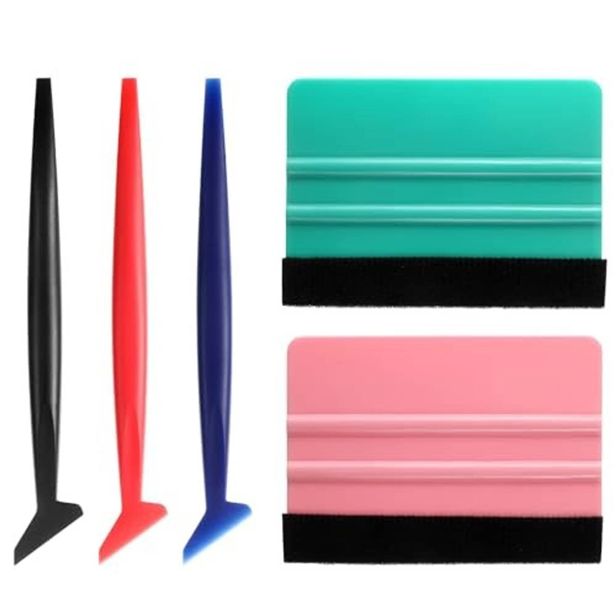 Vinyl wrap squeegee set with felt pads, three upright blades plus green and pink scrapers