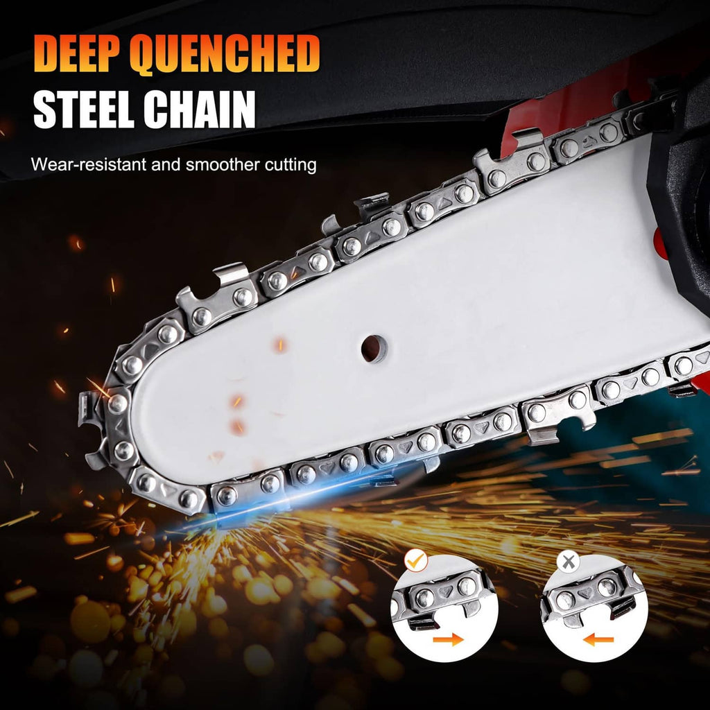 Deep quenched steel chain on mini cordless chainsaw bar with spark detail