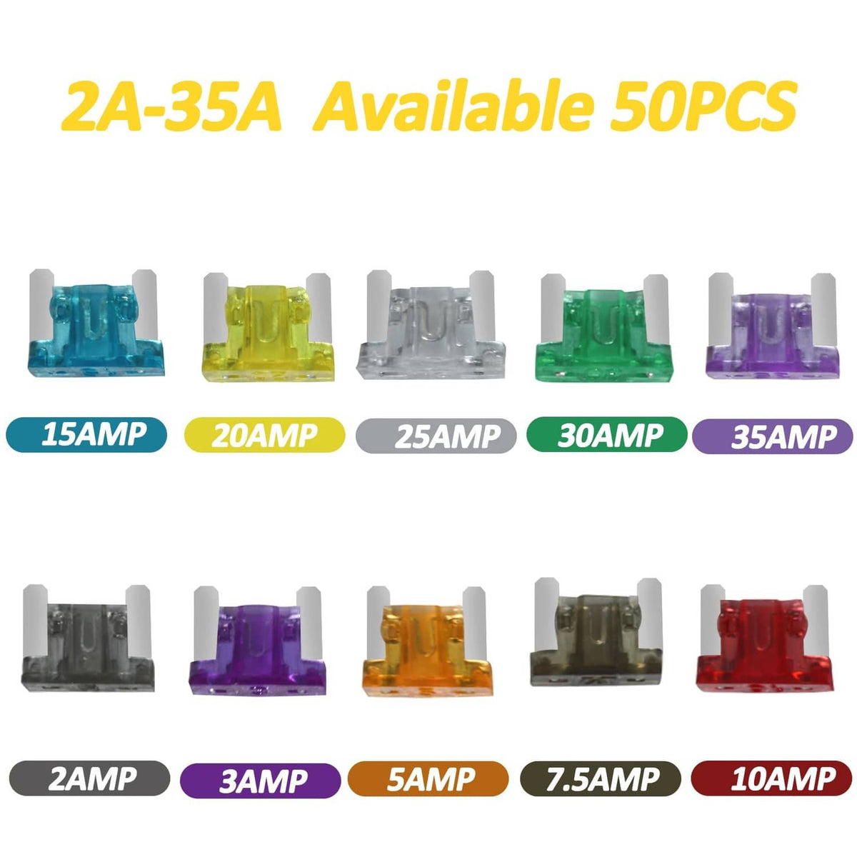 Assorted low-profile mini blade fuses, 2A–35A ratings, in color-coded set