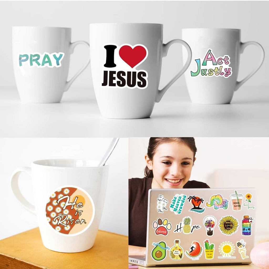 Christian sticker designs on mugs and a laptop accessory sheet