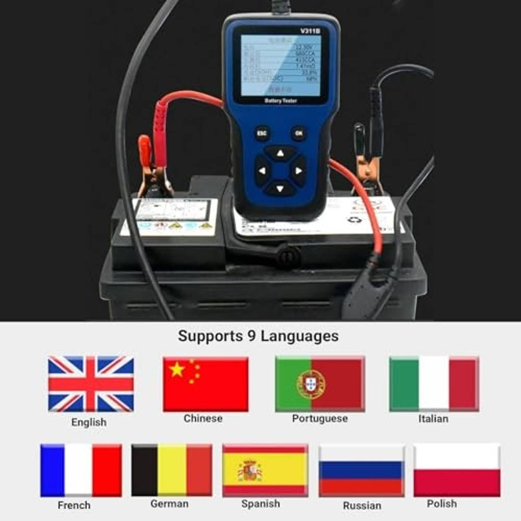 12V battery tester on base with red/black cables and multi-language screen