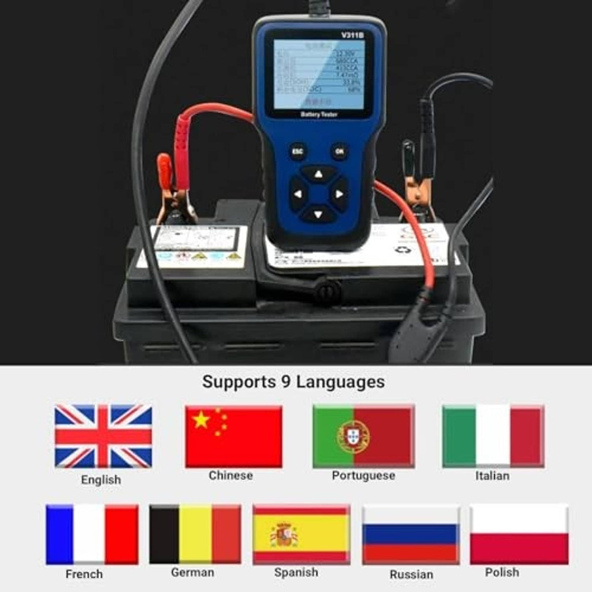 12V battery tester on base with red/black cables and multi-language screen