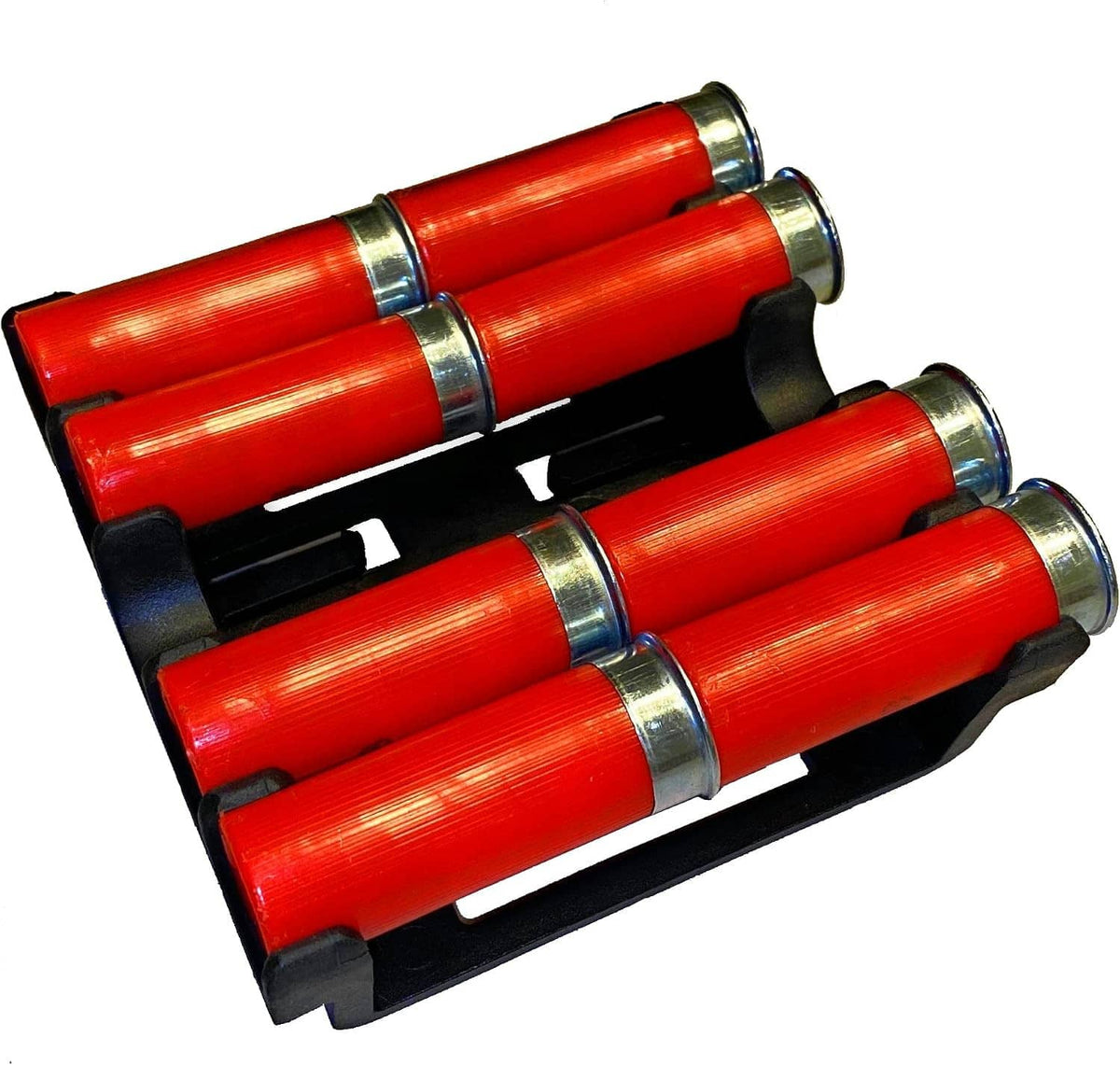 Orange shotgun shells with brass heads in a black speed-loader tray