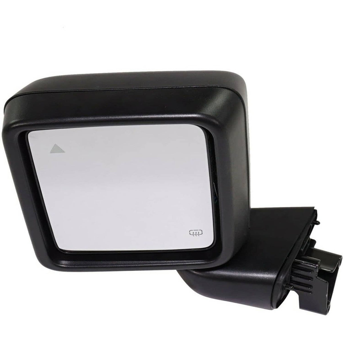 Black blind spot mirror with LED indicator icon on glass, side profile view