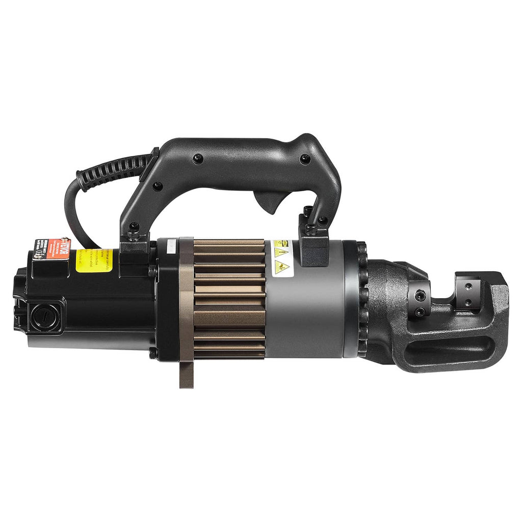 VEVOR electric hydraulic rebar cutter showing guarded handle and open front jaw, black