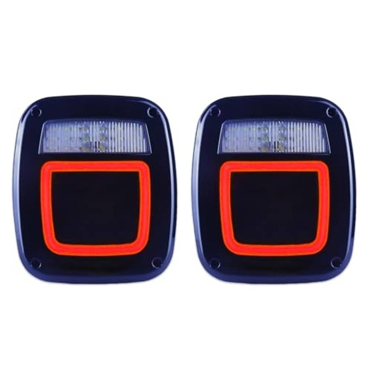 Two square smoked rear tail lights with white lens bar and red illuminated halo