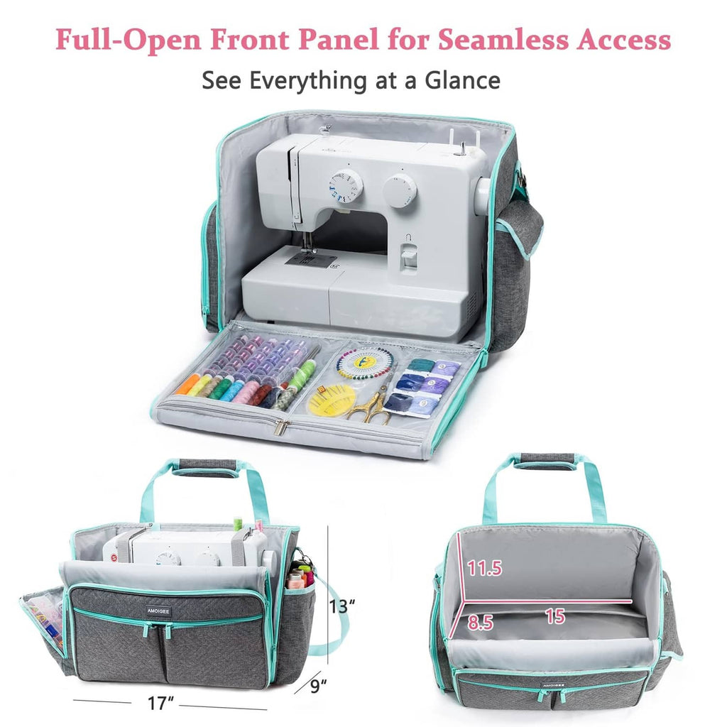 Gray and teal sewing machine case open to show machine compartment and accessories