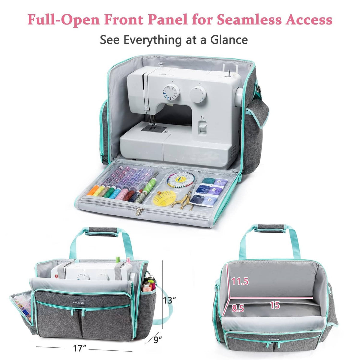 Gray and teal sewing machine case open to show machine compartment and accessories