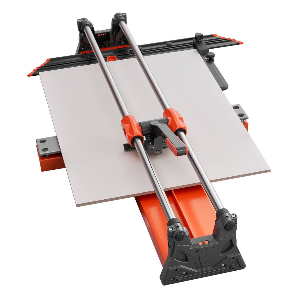Manual tile cutter top view with orange clamp head and two long silver guide rails