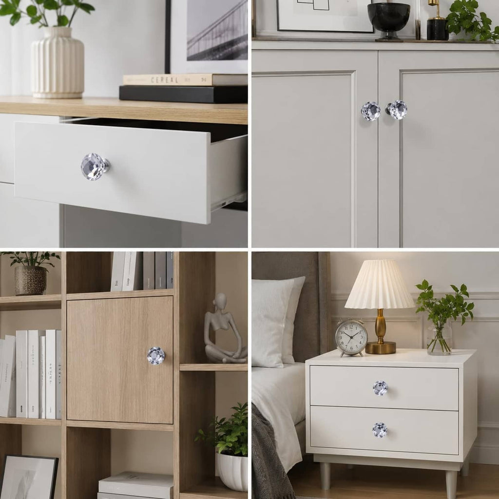 Diamond crystal glass cabinet knobs, silver-toned, decorative dresser handles set