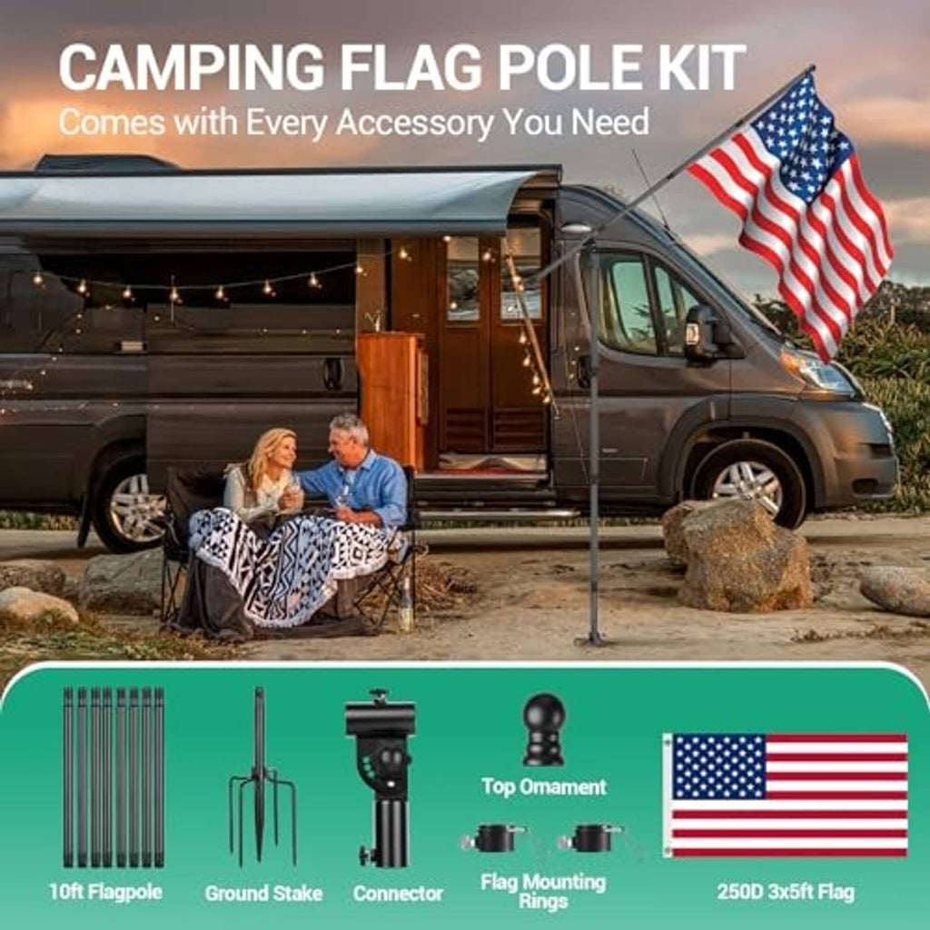 Camping flag pole kit with black pole and US flag beside a camper van
