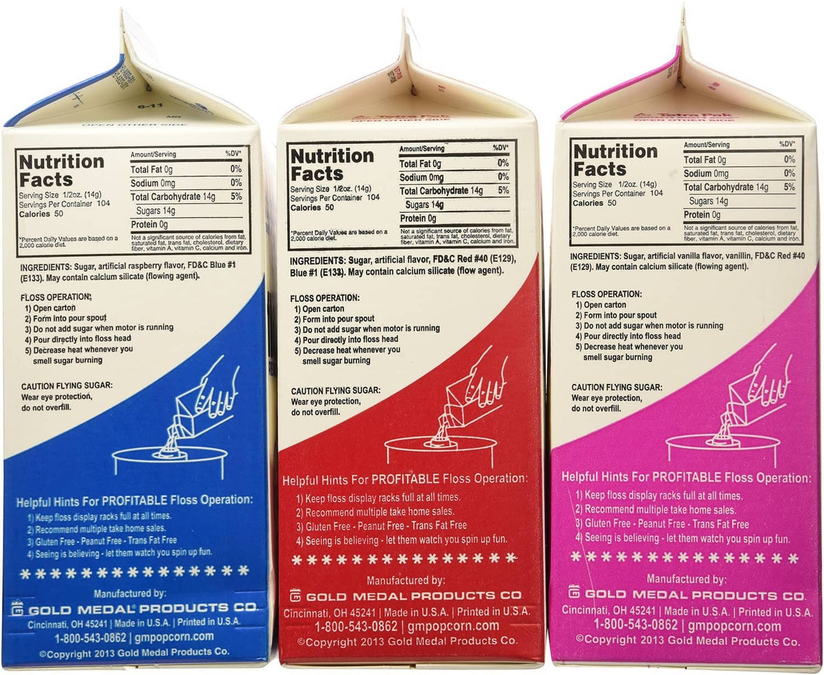 Flossugar cotton candy sugar back labels with nutrition facts and ingredients (3 boxes)