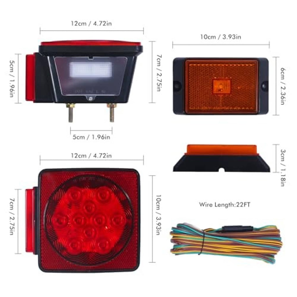 Red LED tail light and amber side marker light with mounting dimensions and wire harness