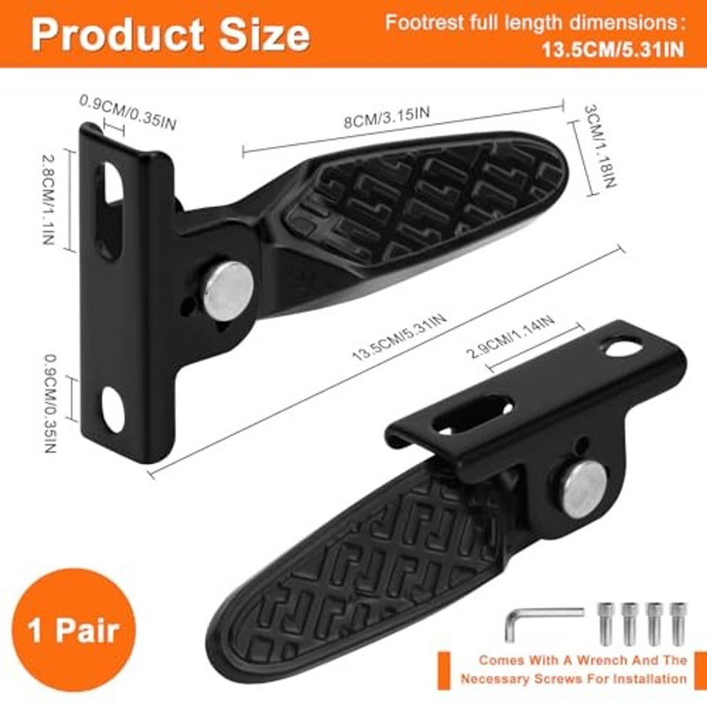 Foldable scooter foot pegs with textured tread pads and mounting bracket, size illustration