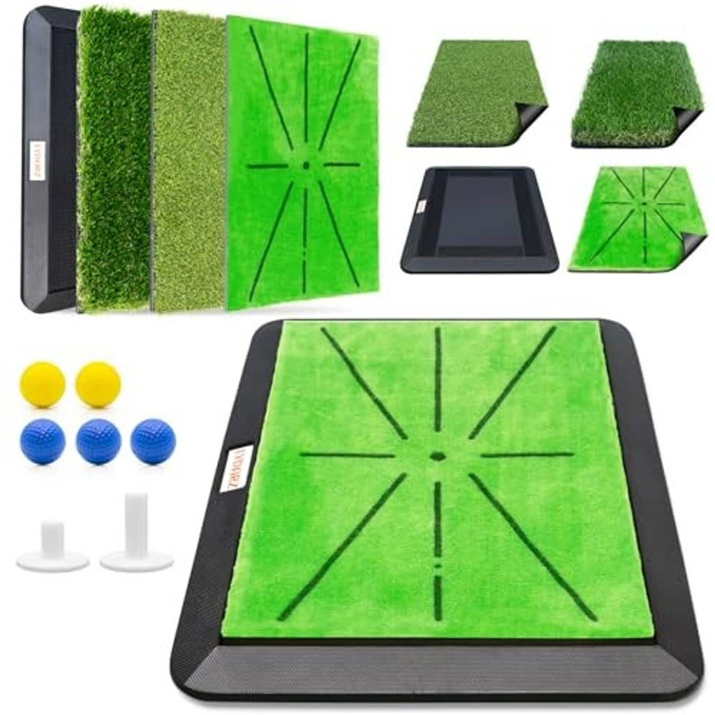 Golf practice swing mat with green turf target grid on black base, with tees and balls