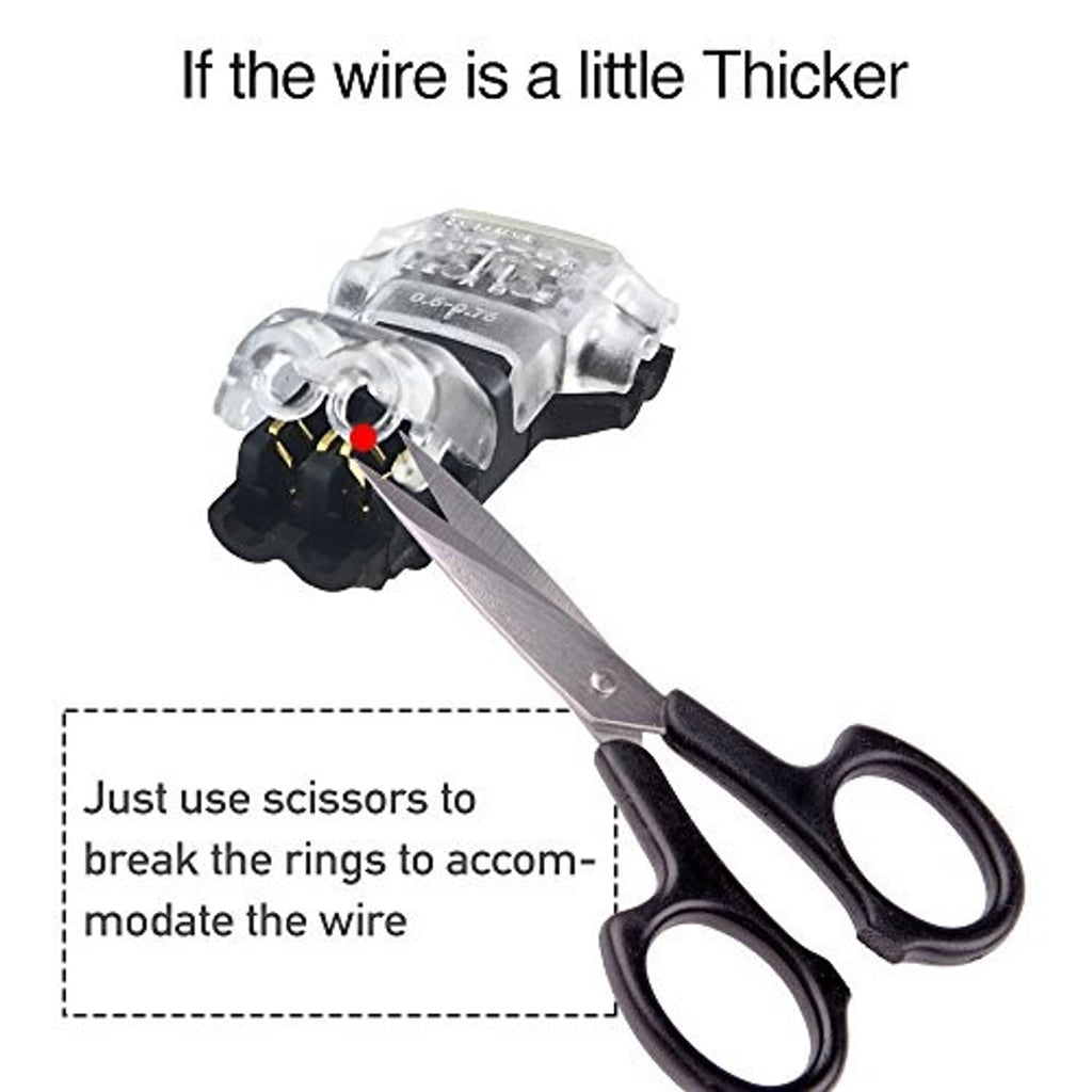Low voltage wire splice connector close-up with clear body and black base