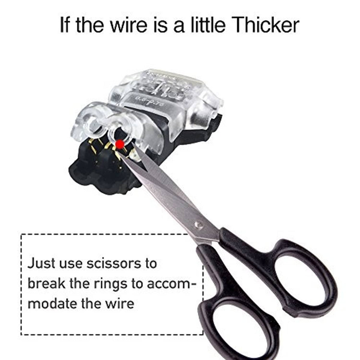 Low voltage wire splice connector close-up with clear body and black base
