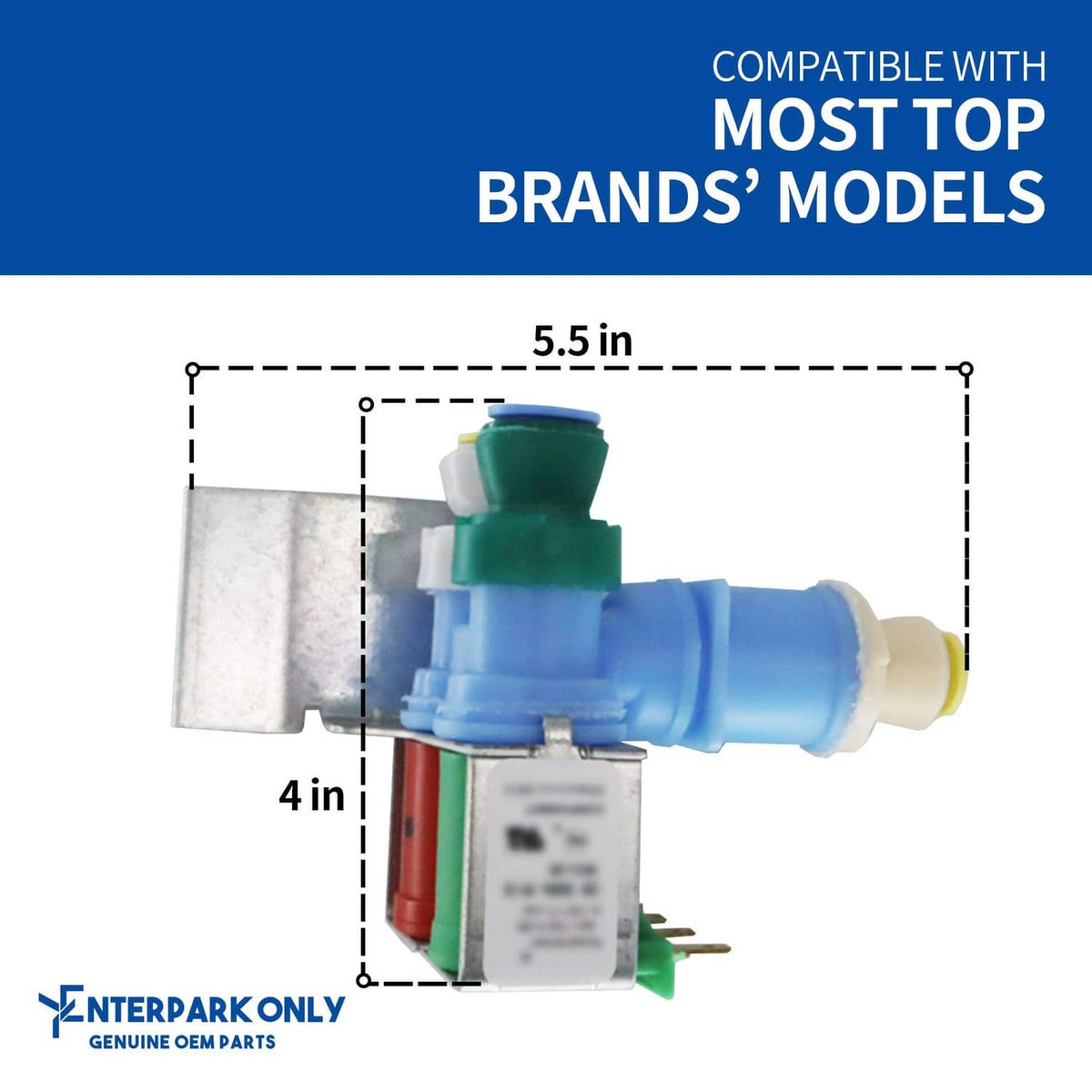 IMV water valve with blue housing, green cap, and metal mounting plate; size shown